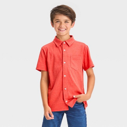 Boys Short Sleeve Jersey Button down Shirt Cat Jack Orange L Target