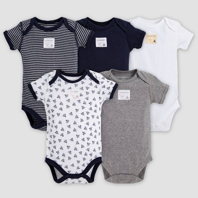 Burt's Bees Baby® Boys' Organic Cotton 5pk Short Sleeve Bodysuit Set Solid/Stripes - Blueberry 0-3M