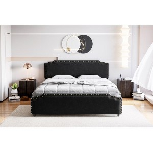 Platform Bed Frame, with Rivet Decor Headboard, Velvet Upholstered Bed Frame with Strong Wood Slat Support, No Box Spring Needed, Black - 1 of 4
