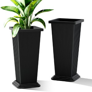 TOAOTBNBO Tall Planter Set of 2, Large Planter with Drainage Holes and Bottom Tray, Outdoor and Indoor Planter Pots with Vertical Lines - 1 of 4