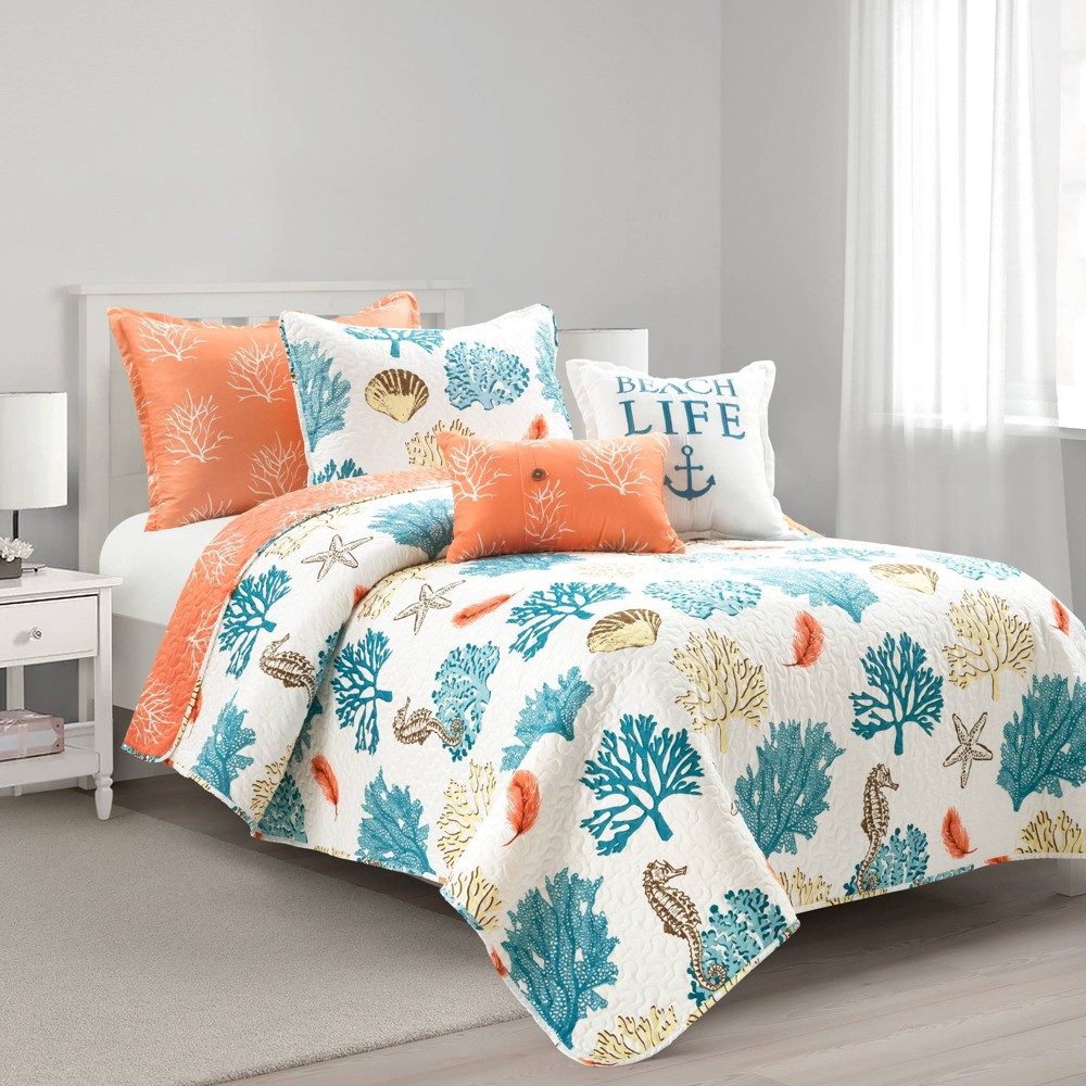 Photos - Duvet Twin/Twin Extra Long Coastal Reef Feather Reversible Quilt Set Blue/Coral