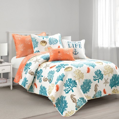 Full/Queen 7pc Coastal Reef Feather Reversible Quilt Set Blue/Coral - Lush  Décor