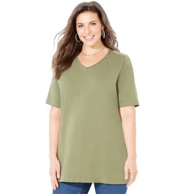 Catherines Women's Plus Size Petite Suprema Crochet V-Neck Tee