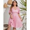 Women's Plus Size Boho Floral V Neck Ruffle Short Sleeve Dress Elastic High Waist A Line Dress - 3 of 4