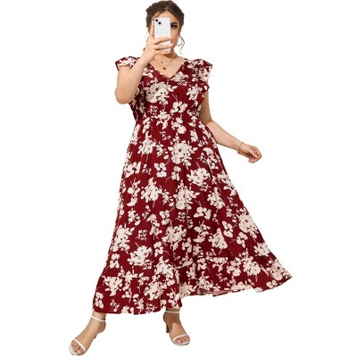 Clearlove Women's Summer Plus Size Dress Ruffle Cap Sleeveless V Neck Side Split Long Beach Maxi Dress