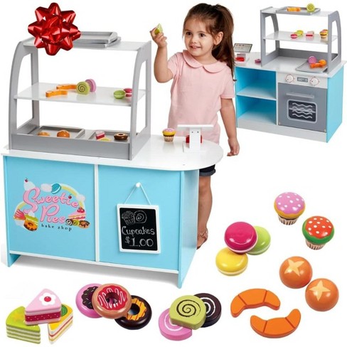 Svan Wooden Bakery Playset Pretend Stand- 25 Pc Bake Shop Cafe Counter w Food, Chalkboard, Register & More- Creative Playtime- For Kids, Girls & Boys - image 1 of 4