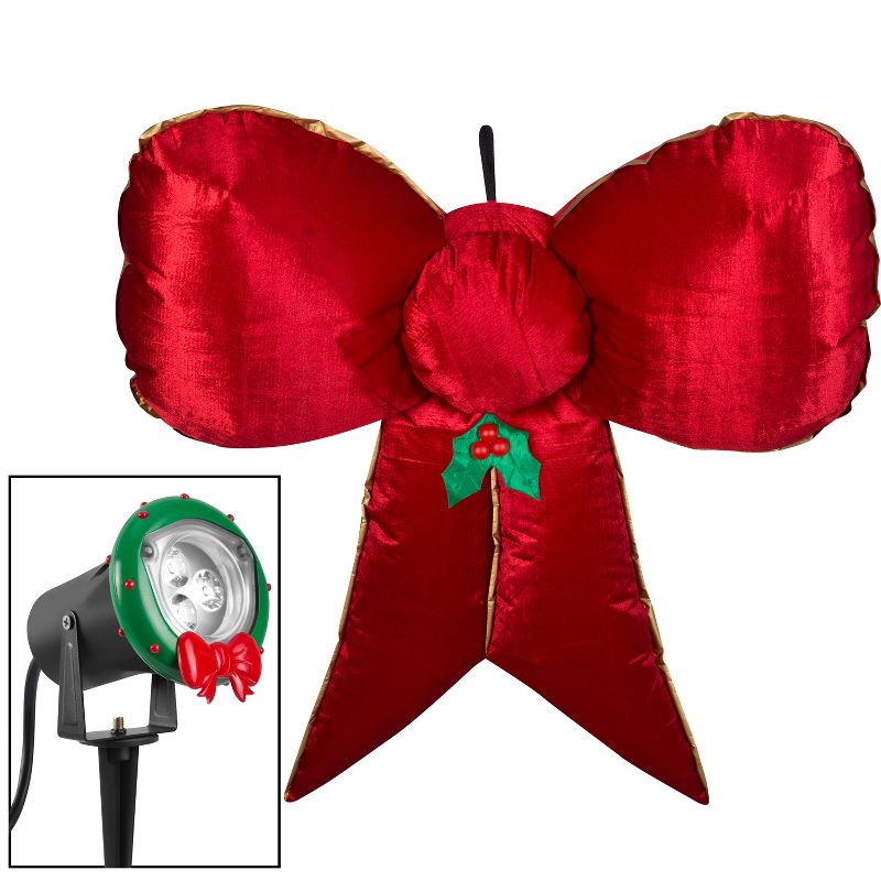 Gemmy Christmas Airblown Inflatable Mixed Media Hanging Velvet Bow Red/Gold w/External Spotlight, 1 of 3