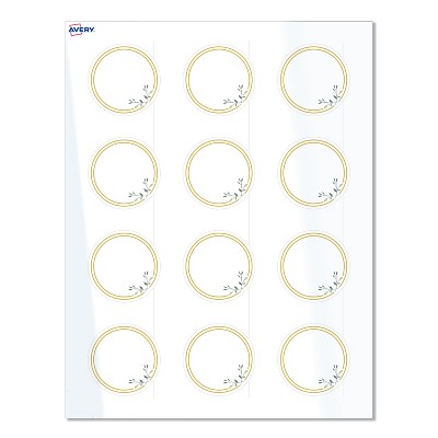Avery Labels, 2" Diameter, Glossy White, Double Gold Border w/ Florals, 120ct