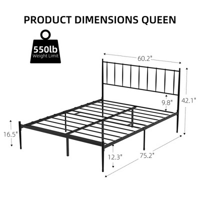 Queen Black Metal Platform Bed Frame with Headboard and Storage
