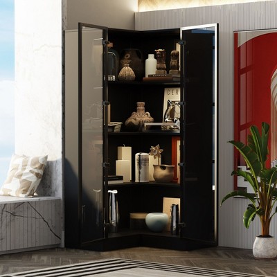 FUFU&GAGA Black Double Glass Door Corner Cabinet Display Cabinet with Built-in Adjustable Lighting