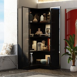 FUFU&GAGA Black Double Glass Door Corner Cabinet Display Cabinet with Built-in Adjustable Lighting - 1 of 4