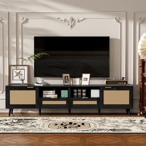 78.7" MDF Rattan Modern Farmhouse TV Stand with Solid Wood Legs and Multi-Functional Storage for Living Room - 1 of 4