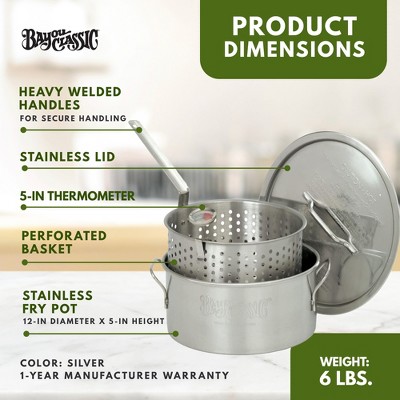Bayou Classic 10-Quart Stainless Steel Fry Pot with Perforated Basket and Thermometer