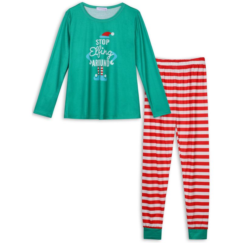 cheibear Christmas Long Sleeve Tee with Letter and Striped Pants Family Pajama Sets, 2 of 5