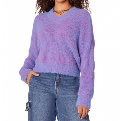 Women's Long Sleeve Double V-Neck Two Tone Eyelash Sweater - Democracy