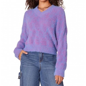 Women's Long Sleeve Double V-Neck Two Tone Eyelash Sweater - Democracy - 1 of 4
