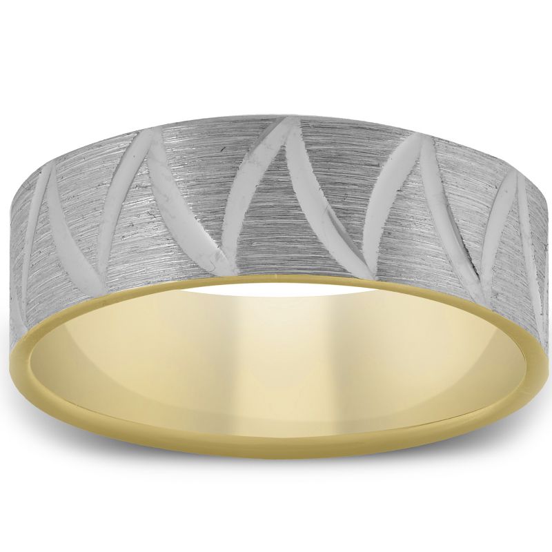 Pompeii3 10k Yellow Gold Two Tone 6mm Flat Brushed Comfort Fit Wave Mens Wedding Band, 1 of 4