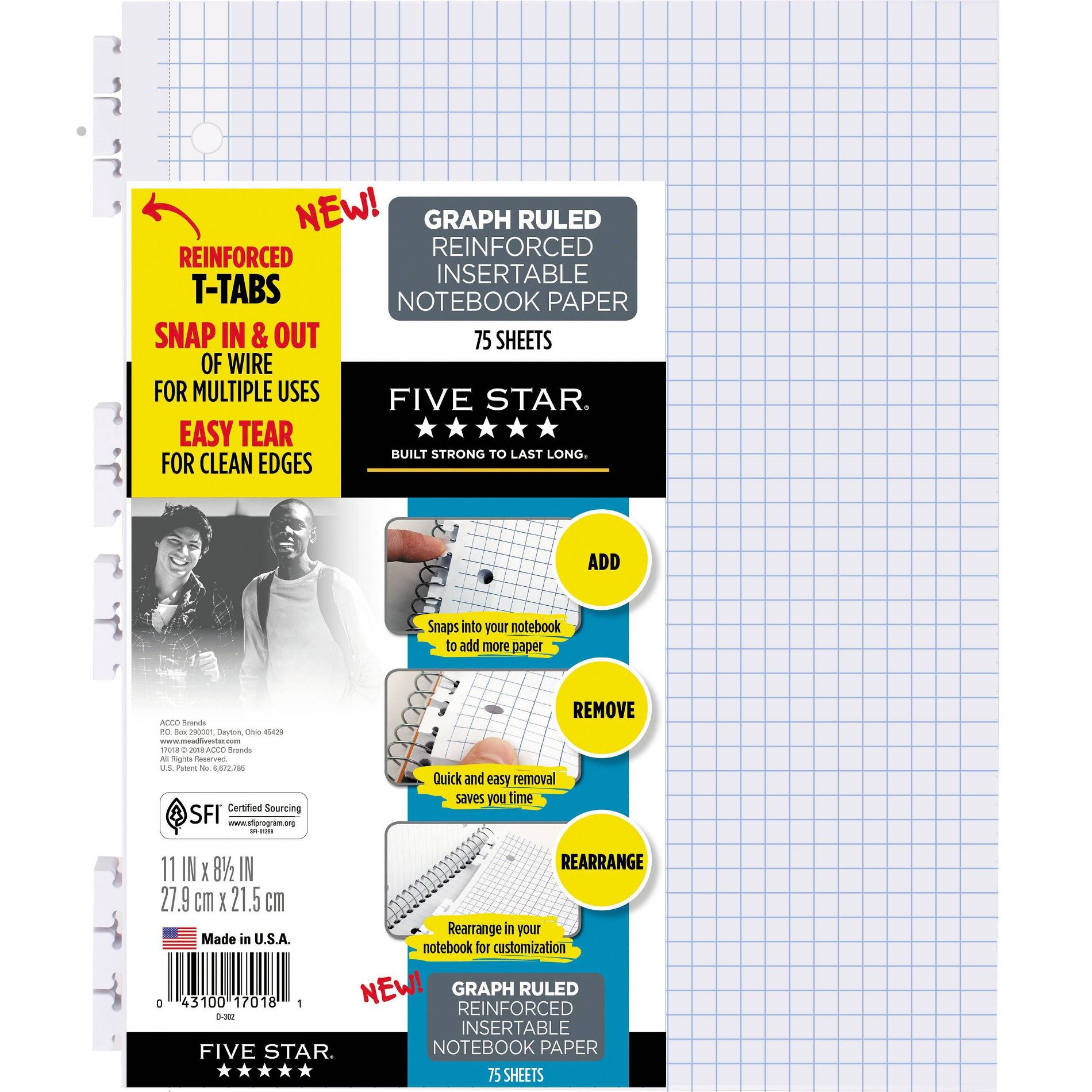 Five Star 75ct Insertable Loose Leaf Filler Paper Quad Ruled: 8.5 x 11 Inches, White, Stationery, Looseleaf