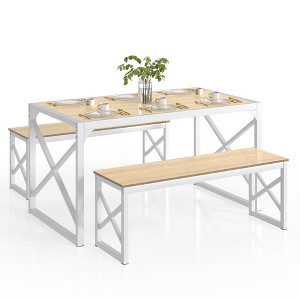 Dining Table Set for 4, Rectangle Dinner Breakfast Dinette with 2 Benches, 3 Piece, Dark Brown/Oak - 1 of 4