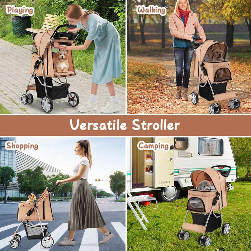 Tangkula 4 Wheels Pet Stroller Folding Cat Dog Stroller W/Storage Basket & Tray Adjustable Canopy All-Terrain EVA Wheels Foldable Cart Beige, 3 of 10