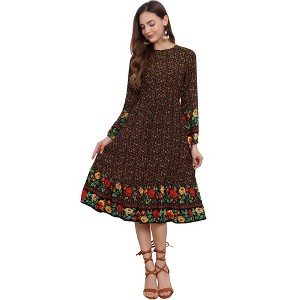 Allegra K Women's Boho Floral Long Sleeves Midi Dress - 1 of 4