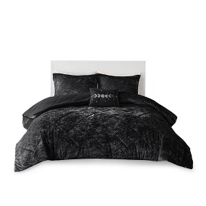 Gulches King Cal King Black 4 Piece Velvet Comforter Set with Throw Pillow - 1 of 4