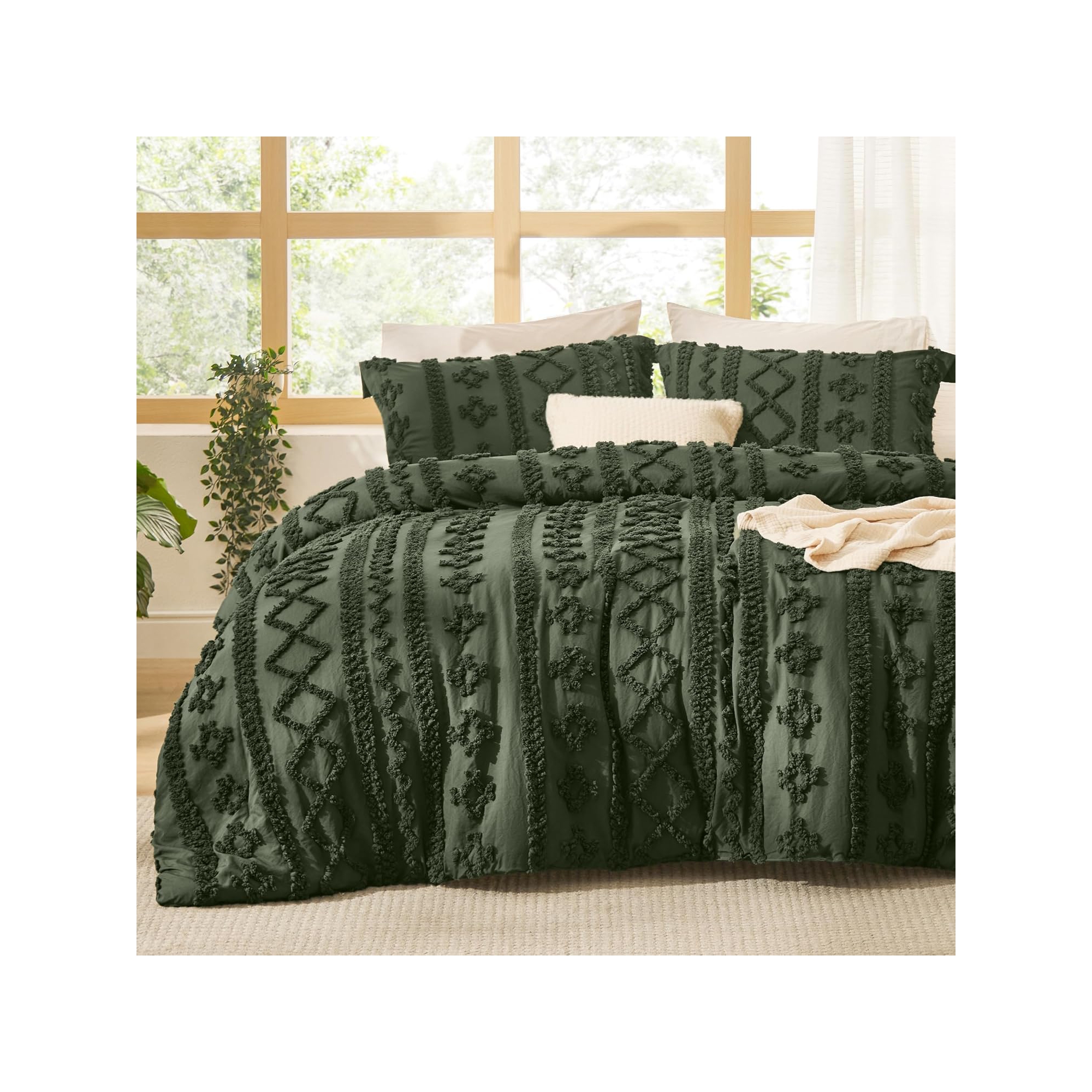3Pcs Tufted Boho Farmhouse Shabby Chic Embroidery Olive Green King Size Comforter Set - Bedsure