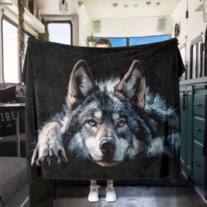 Four Season Flannel Throw Blanket with Grey Wolf Print, Versatile All-Weather Polyester Wolf-Themed Nap Blanket. - 1 of 4