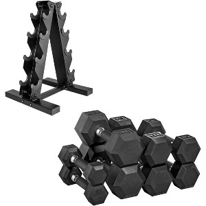Rubber Coated Dumbbell Weight Set with Vertical Rack, Free Weights for Home Gym Strength Training - 1 of 4