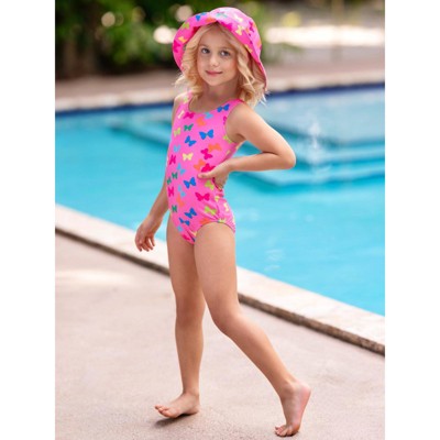 Mia Belle Girls Butterfly Pink Bucket Hat & One-Piece Swimsuit Mia Belle Girls, Multicolor, 6/6X — фото 3