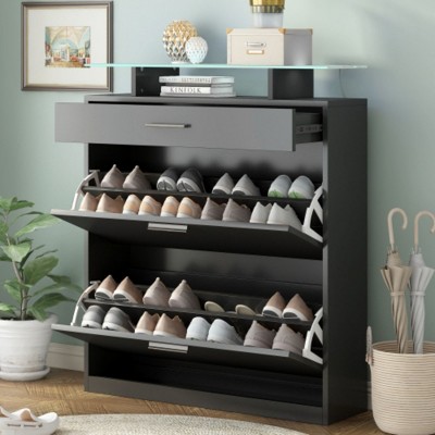 Slender Entryway Organizer, 2-Drawer Glass Top Shoe Cabinet, LED Light Tipping Bucket Rack for Hallway