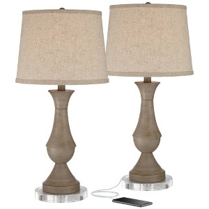 Regency Hill Avery Traditional Table Lamps Set of 2 with 7" Round Risers 25" High Faux Wood with USB LED Touch On Off Beige Shades for Living Room - 1 of 4