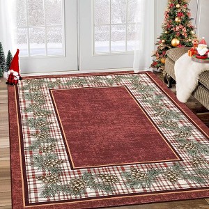 Christmas Washable Area Rug Xmas Pine Cones Rug Plaid Rugs for Living Room Bedroom - 1 of 4