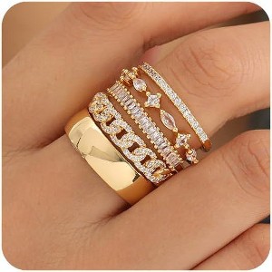 14K Gold Plated CZ Stackable Ring Set | Non-Tarnish Dainty & Chunky Bands | Promise & Engagement Rings Size 7-11 - 1 of 4