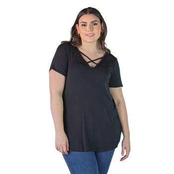 24seven Comfort Apparel Womens Plus Size V Neck Criss Cross Neckline T Shirt Tunic Top