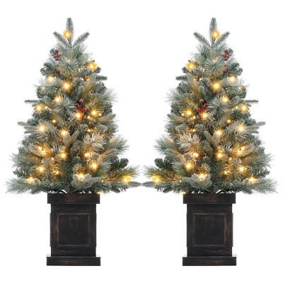 2 Pcs 3ft Prelit Artificial Christmas Tress with 78 Warm White Lights,Brown Lamp Base,Snow Flocked Xmas Tree for Bedroom,Window,Photography Decor