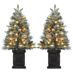 2 Pcs 3ft Prelit Artificial Christmas Tress with 78 Warm White Lights,Brown Lamp Base,Snow Flocked Xmas Tree for Bedroom,Window,Photography Decor - 1 of 4
