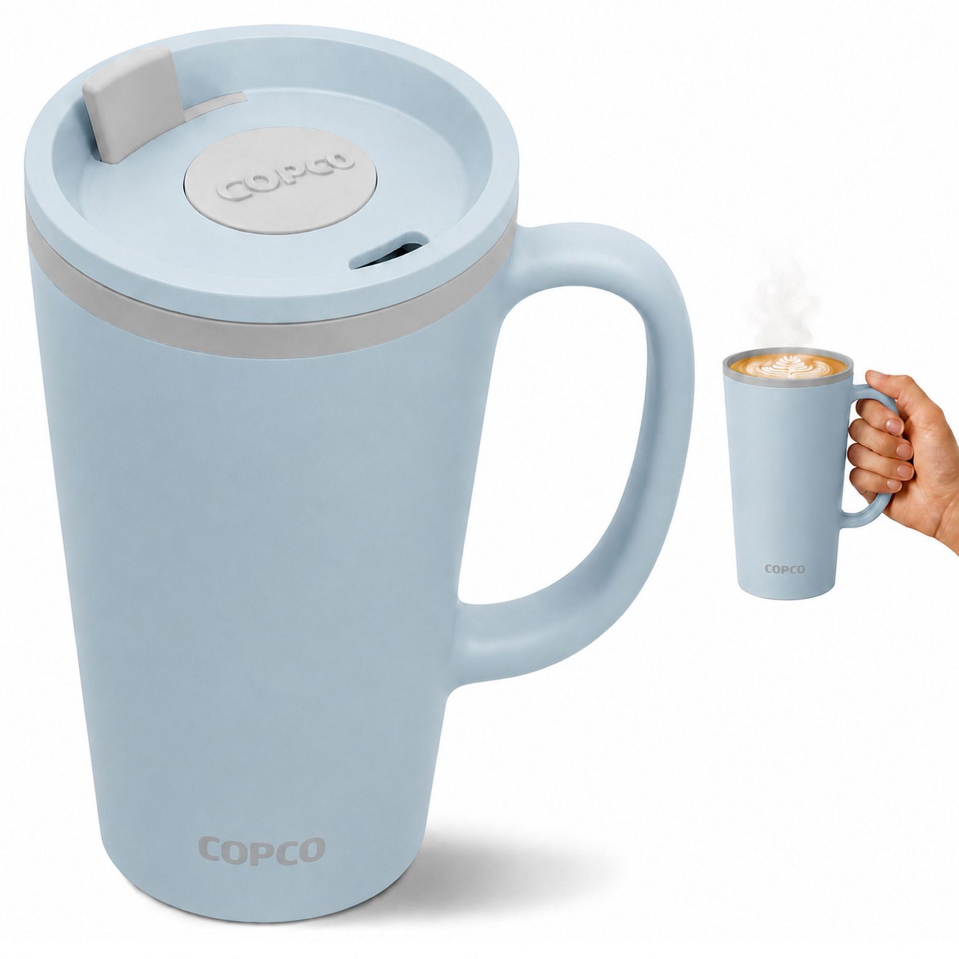 Copco Cone 16oz Insulated Travel Mug with Handle, Double Wall, Slide-Closure Lid, BPA-Free, Microwave & Dishwasher Safe (Light Blue)