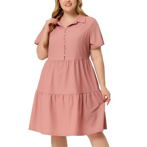 Agnes Orinda Women's Plus Size Chambray Tiered Turndown Neck Half Placket Elastic Back Button Casual Babydoll Midi Dresses - 1 of 4