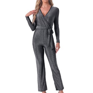 Allegra K Women's Sparkly V Neck Long Sleeve Belt Night Party Clubwear Giltter Jumpsuits - 1 of 4