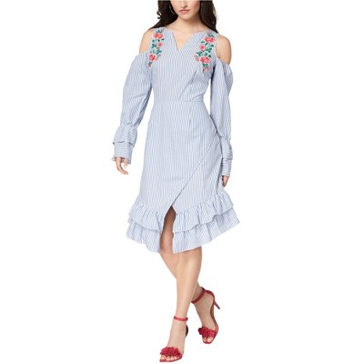 XOXO Womens Striped Embroidered Cold Shoulder Dress