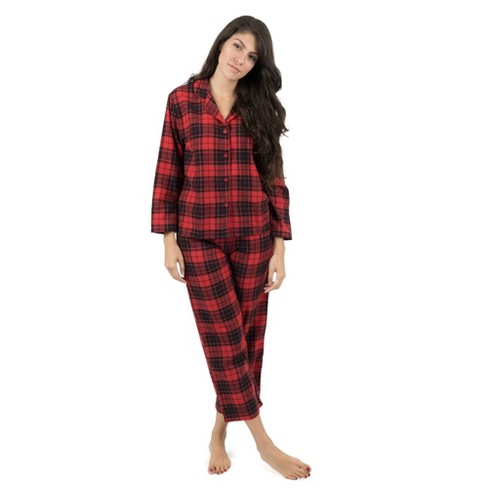 Leveret Women's Two Piece Cotton Top Flannel Pants Plaid Black