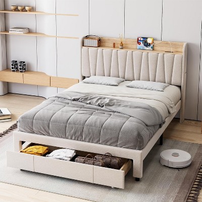 Bed Frame with Storage Headboard, Upholstered Platform Beds with Drawers, Charging Station