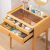 Tangkula Vanity Table Set Bamboo Makeup Dressing Desk Stool Tempered Glass Tabletop - 3 of 4