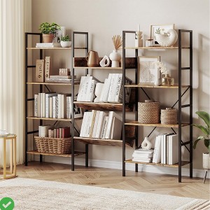 4-Tier Industrial Triple-Wide Bookcase with 11 Adjustable Shelves, Rustic Wood and Metal Storage Bookshelf for Living Room, Bedroom, or Home Office - 1 of 4