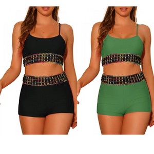 INSPIRE CHIC Women's Contrast Color High Waisted Scoop Neck Swimsuit Bathing Suit 2 Sets - 1 of 4