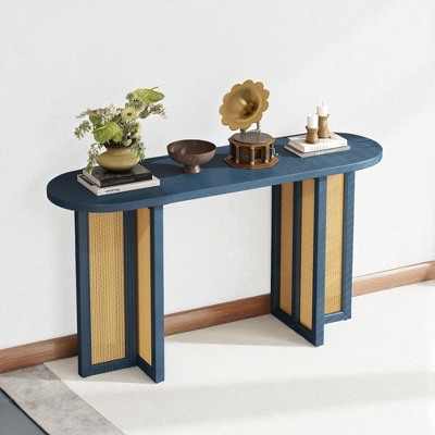 Mshliw Farmhouse Rattan Entryway Table, Oval Console Table with Cross Frame Support, Dining Table for Hallway, Living Room, or Foyer