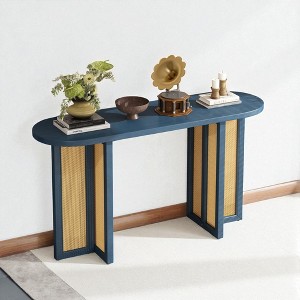 Mshliw Farmhouse Rattan Entryway Table, Oval Console Table with Cross Frame Support, Dining Table for Hallway, Living Room, or Foyer - 1 of 4