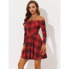 Allegra K Women's Off-Shoulder Tartan Plaid Pleated Long Sleeve Party Mini Dress - 3 of 4