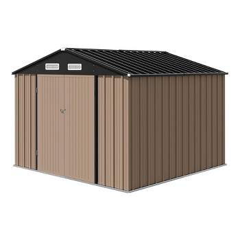 8.6'x10.4' Outdoor Storage Shed, Large Garden Shed. Updated Reinforced and Lockable Doors Frame Metal Storage Shed for Patiofor Backyard, Patio, Brown
